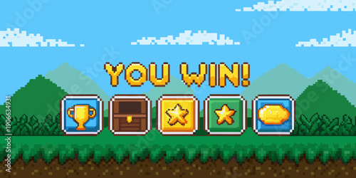 Pixelated you win screen with trophies chests and stars