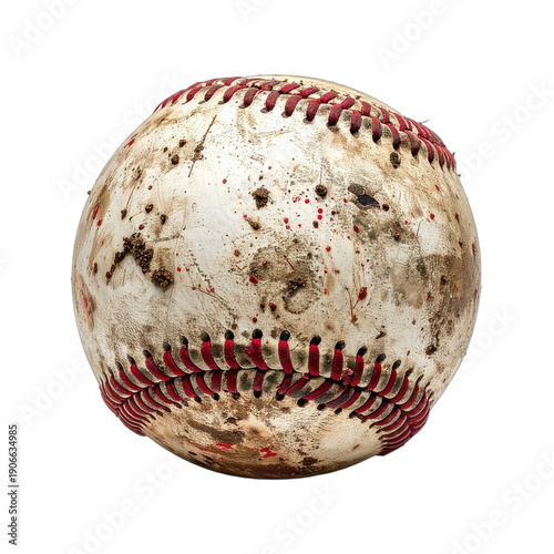 A well-used, dirt-stained baseball showcasing red stitching against a pure black background
