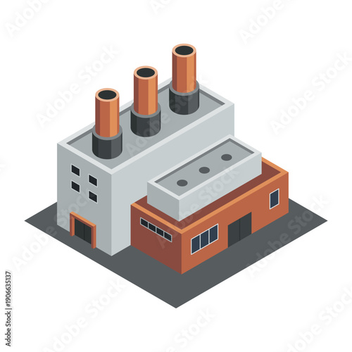 Factory isometric. Industrial bulding. Concept of industrial plant with chimney tower. 3d isolated icon. Architecture of manufacture house. Vector cartoon illustration