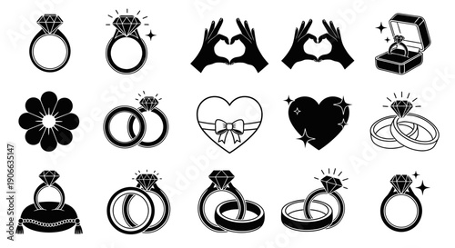 Elegant Monochromatic Icon Collection Featuring Engagement Rings, Wedding Bands, and Romantic Love Symbols. Ideal for Marriage, Celebration, and Commitment-Themed Design Projects