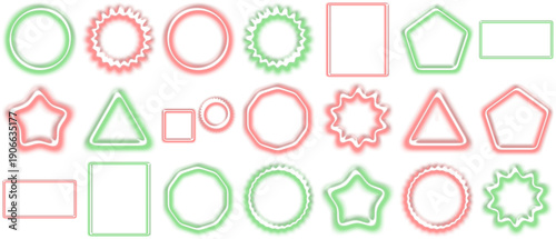 festive red and green 3d rendered shapes set, including rings, stars, and squares, ideal for holiday designs.