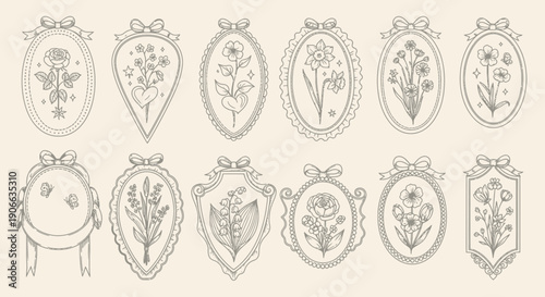 Collection of ornate frames featuring various flowers and plants in a vintage illustration style