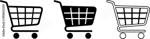 Set of modern shopping cart icons in black and white for e-commerce use