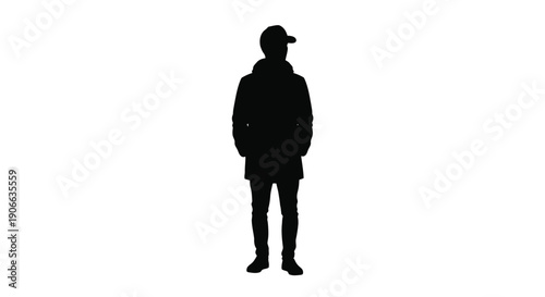 Silhouette of a person wearing a hooded jacket and baseball cap