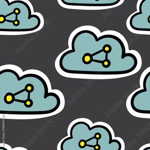Seamless pattern of blue cloud online data storage icons on gray background. Ideal for tech backgrounds, digital services, cloud computing themes, web design, and print use.