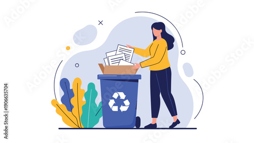 Young woman in a yellow shirt responsibly placing paper waste into a blue recycling bin to promote environmental care.