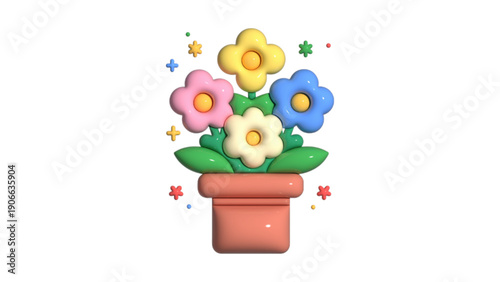 A 3D cartoon-style illustration of colorful flowers in a clay pot.
