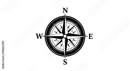 A black and white illustration of a compass rose with cardinal directions