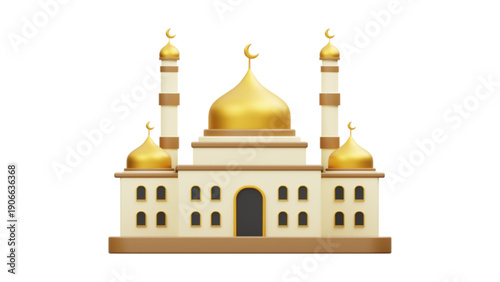 A 3D illustration of a grand mosque with golden domes and two minarets.