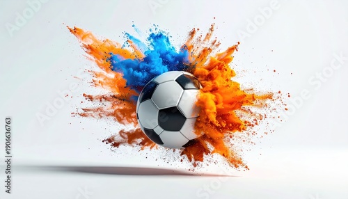 Soccer ball explosion vibrant orange blue powder dynamic sport concept.