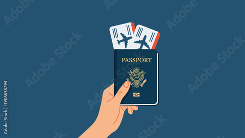 Hand holding a blue passport with two airplane boarding passes inside ready for international travel and vacation.