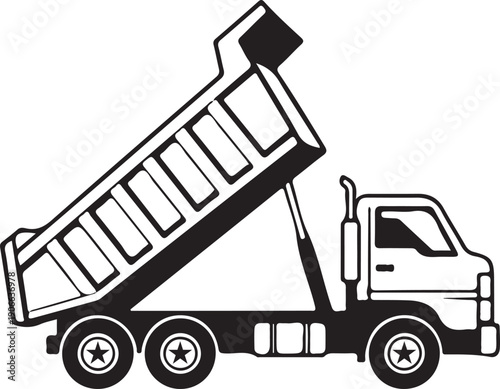 Heavy construction dump truck with raised body for unloading material, detailed black and white industrial vehicle illustration