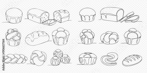 Continuous line drawing of various bakery products and bread types, vector illustration set.
