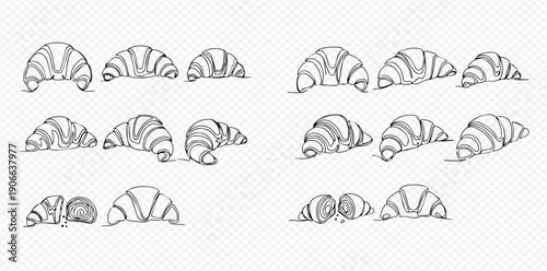 Set of hand-drawn croissant illustrations in various shapes and angles, perfect for bakery designs and breakfast menus.