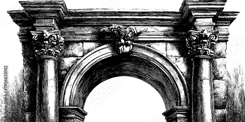 Vintage botanical arch keystone detail for architectural design and decor