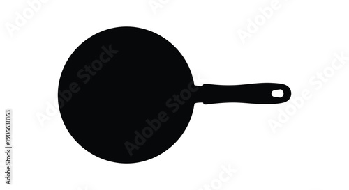 A stark black silhouette of a frying pan is presented against a clean white background emphasizing its simple form silhouette