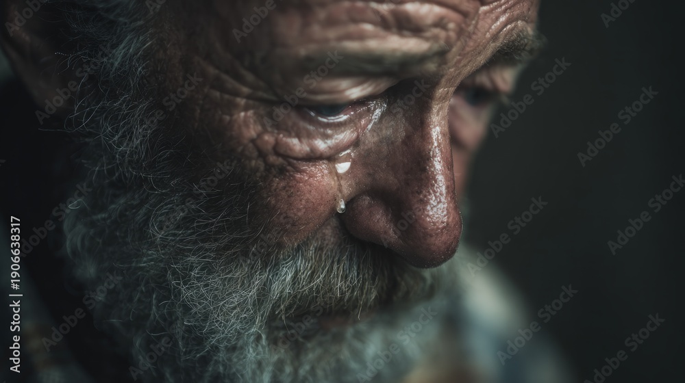 Obraz premium Elderly man with gray beard and tear on cheek gazes downward, showing signs of emotion in a dimly lit indoor setting with soft shadows