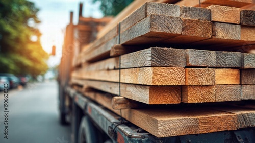 Lumber being transported on a truck on a sunny day.