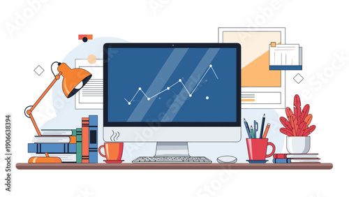 Organized workspace with a computer monitor showing a growth chart books a coffee mug and a lamp on the desk.
