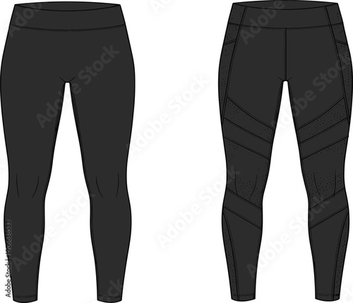 Black High Waist Compression Yoga Leggings Flat Sketch Front and Back View with Performance Paneling Technical Apparel Design for Activewear Fashion