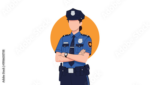 Confident female police officer in a blue uniform standing with her arms crossed against an orange circular backdrop.