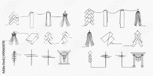 Continuous line art of various Japanese Shinto shrine elements and decorations, vector illustration set.