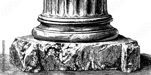 Architectural column base detail with vintage botanical engraving for design and decoration