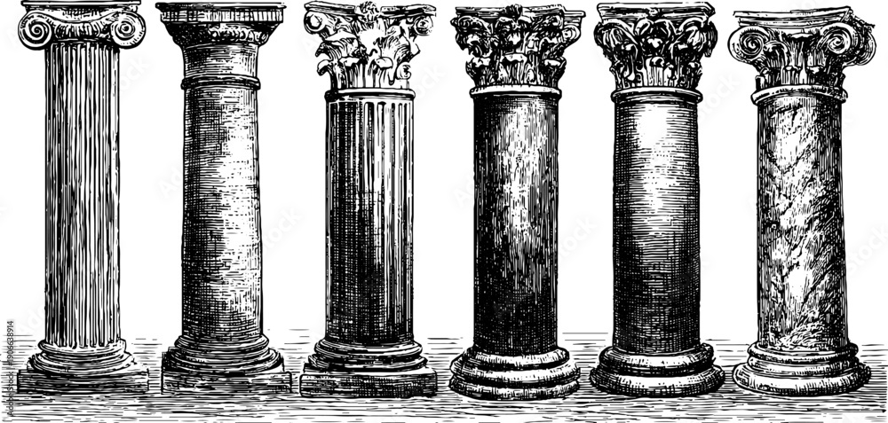 Fototapeta premium Vintage botanical architectural column sketch - historical design for decor and study