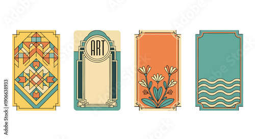 Art Deco style graphic frames collection featuring geometric floral and wave patterns in vintage colors.