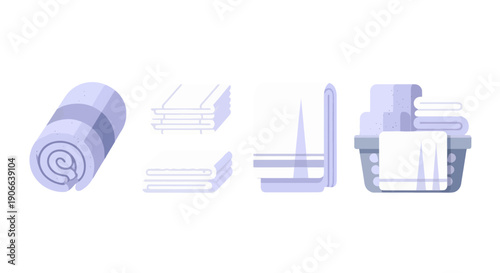 Flat vector set of clean fresh towels rolled neatly folded draped and in a laundry basket.