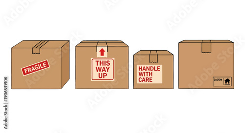 Four brown cardboard shipping boxes with various warning labels in a simple vector illustration.