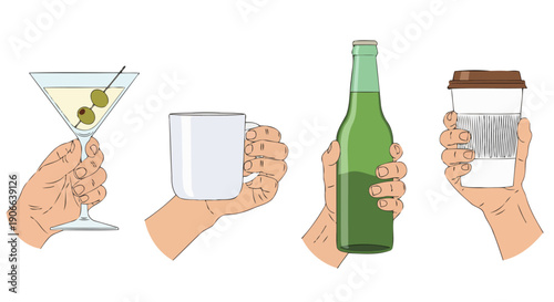 Illustrative hands holding diverse drinks martini glass with olives white ceramic mug green beer bottle takeaway coffee cup.