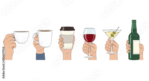 Illustrated hands holding diverse beverages espresso coffee mug togo cup wine martini and a green bottle.
