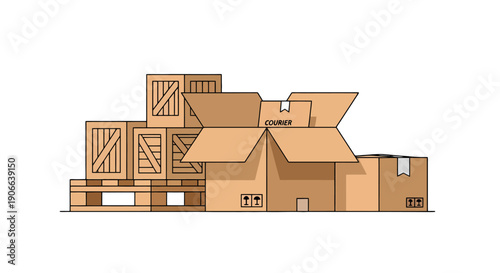 Illustration of stacked shipping boxes wooden crates and a pallet featuring an open COURIER box.