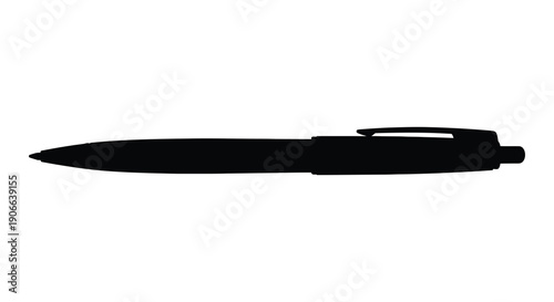 A stark black silhouette of a common ballpoint pen is displayed against a plain white background creating a minimalist image silhouette