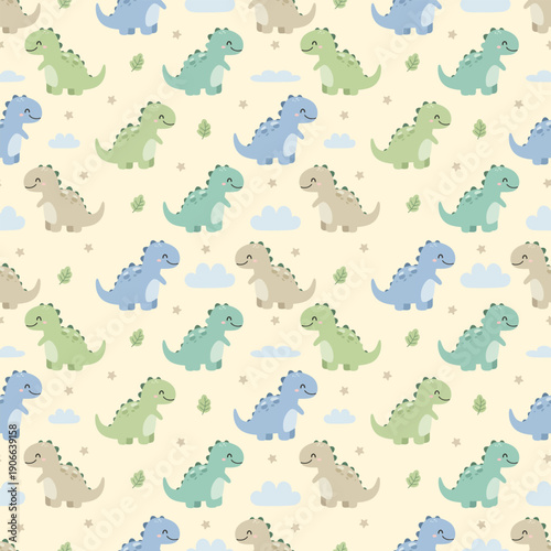 Hand-drawn style dinosaur pattern with clouds, stars, and leaves. Soft pastel colors ideal for baby bedding, children's apparel, and nursery wallpaper.
