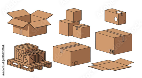Isometric cartoon illustration of diverse brown cardboard boxes open and closed alongside wooden crates on a pallet.