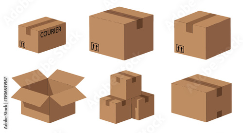 Isometric brown cardboard delivery boxes sealed with tape one open with courier text and shipping symbols.