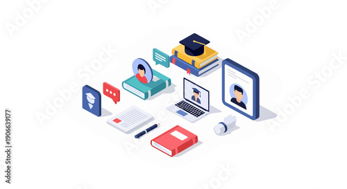 Isometric elearning concept with books laptop graduation cap diploma and student profiles flat design.