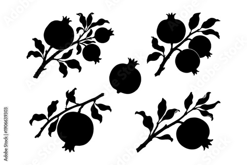 Black silhouettes of pomegranate fruits on branches with leaves in natural graphic style on white background, concept of nature and harvest