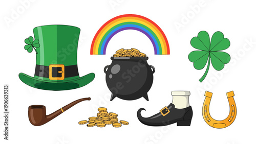 Vibrant St Patricks Day Lucky Symbols Vector Illustration Set featuring Green Leprechaun Hat Pot of Gold Rainbow Clover Pipe Shoe Horseshoe.