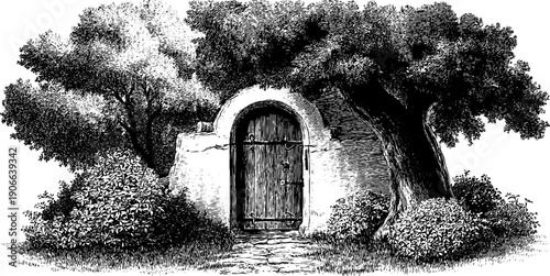 Vintage architectural doorway with botanical engraving - hand-drawn design for retro inspiration