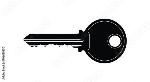 A stark black silhouette of a standard house key is prominently displayed against a clean white background silhouette high quality professional