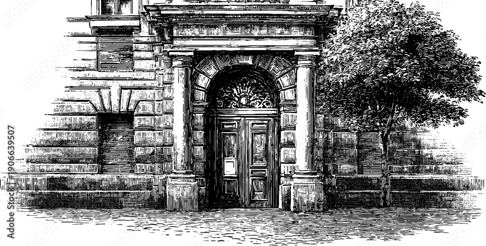 Naklejka premium Symmetrical vintage architectural doorway with botanical elements – retro design for prints