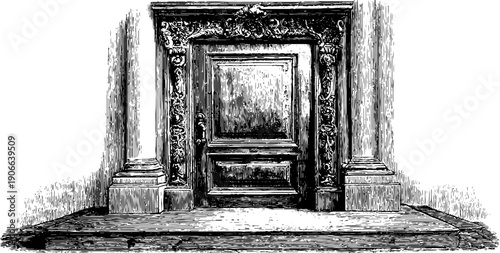 Vintage architectural doorway with botanical detailing engraving design