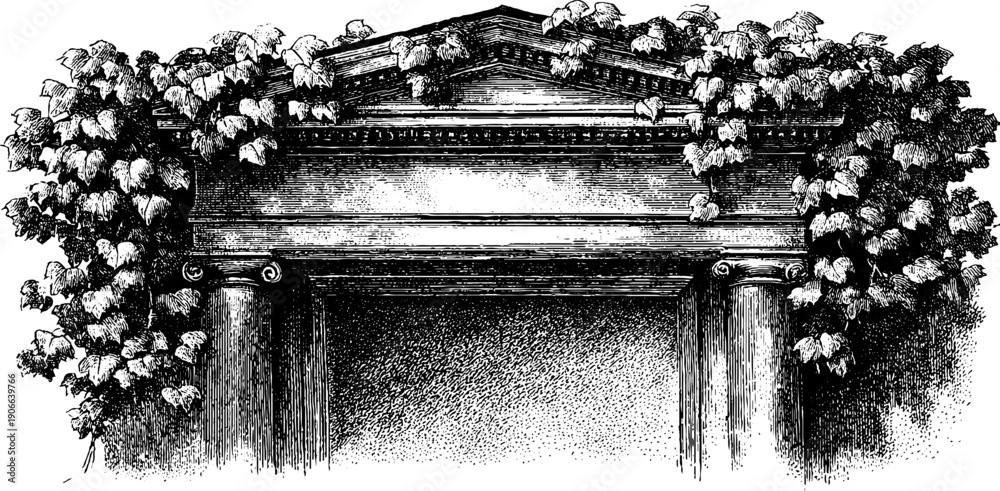 Fototapeta premium Vintage botanical architectural facade with ivy and minimal geometric details