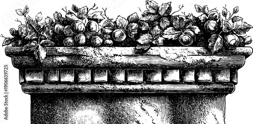 Vintage botanical architectural facade fragment with stonework design for print or card