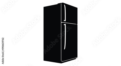 A stark black silhouette of a modern refrigerator stands isolated on a white background exhibiting a minimalist design silhouette high quality
