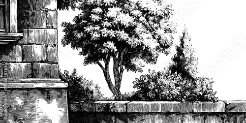 Architectural facade with stonework and botanical elements in vintage engraving style