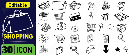 Shopping set with shopping bag and various e-commerce related symbols